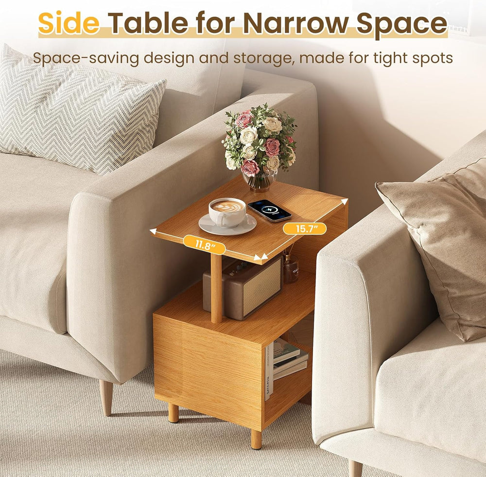 Apicizon S-Shaped Side Table, 3-Tier Nightstand with Solid Wood Legs, Slim Be...