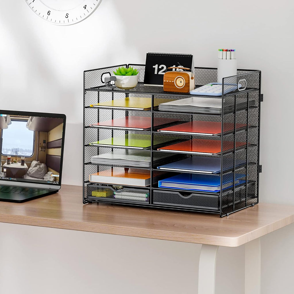 Marbrasse 7 Tier Desktop Literature Organizer, Mesh Paper Organizer, Desk Organizers with Drawer, File Sorter Mail Center Paper Storage Cabinet Classroom Keepers Mailbox for Office Home School (Black)