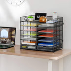 Marbrasse 7 Tier Desktop Literature Organizer, Mesh Paper Organizer, Desk Organizers with Drawer, File Sorter Mail Center Paper Storage Cabinet Classroom Keepers Mailbox for Office Home School (Black)