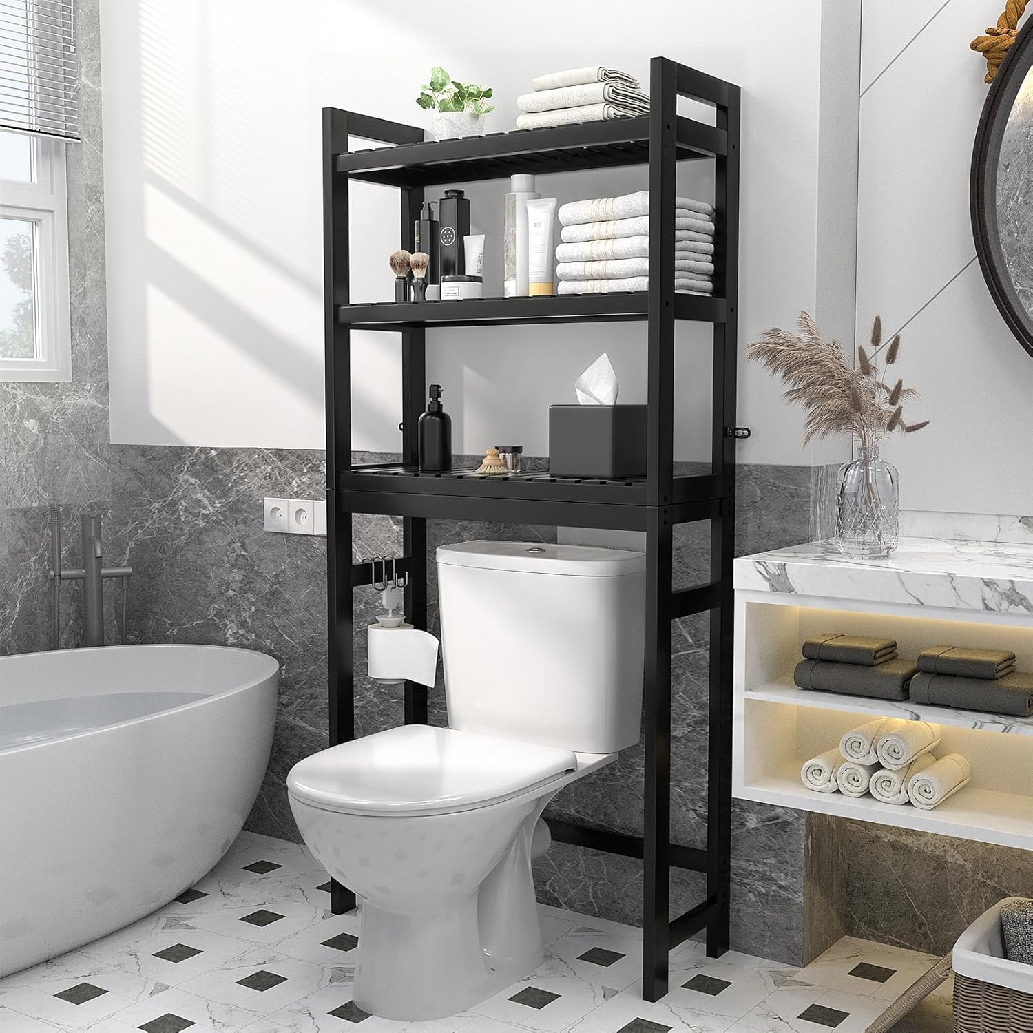 Homykic Bamboo Over The Toilet Storage Shelf, 3-Tier Above Toilet Storage Organizer Rack with 3 Hooks, Freestanding Bathroom Tower Shelf Unit for Small Space, No Rust, Easy to Assemble, Black