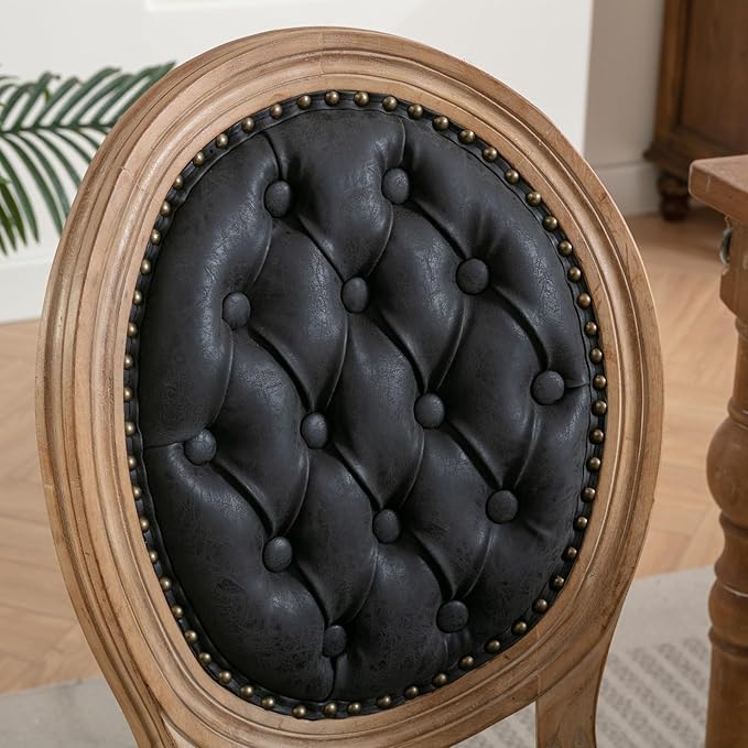 French Country Dining Chairs Set of 6,Farmhouse Upholstered Dining Room Chairs with Tufted Round Back&Solid Leg,PU Leather Kitchen Side Chairs for Kitchen/Bedroom/Dining Room,Black