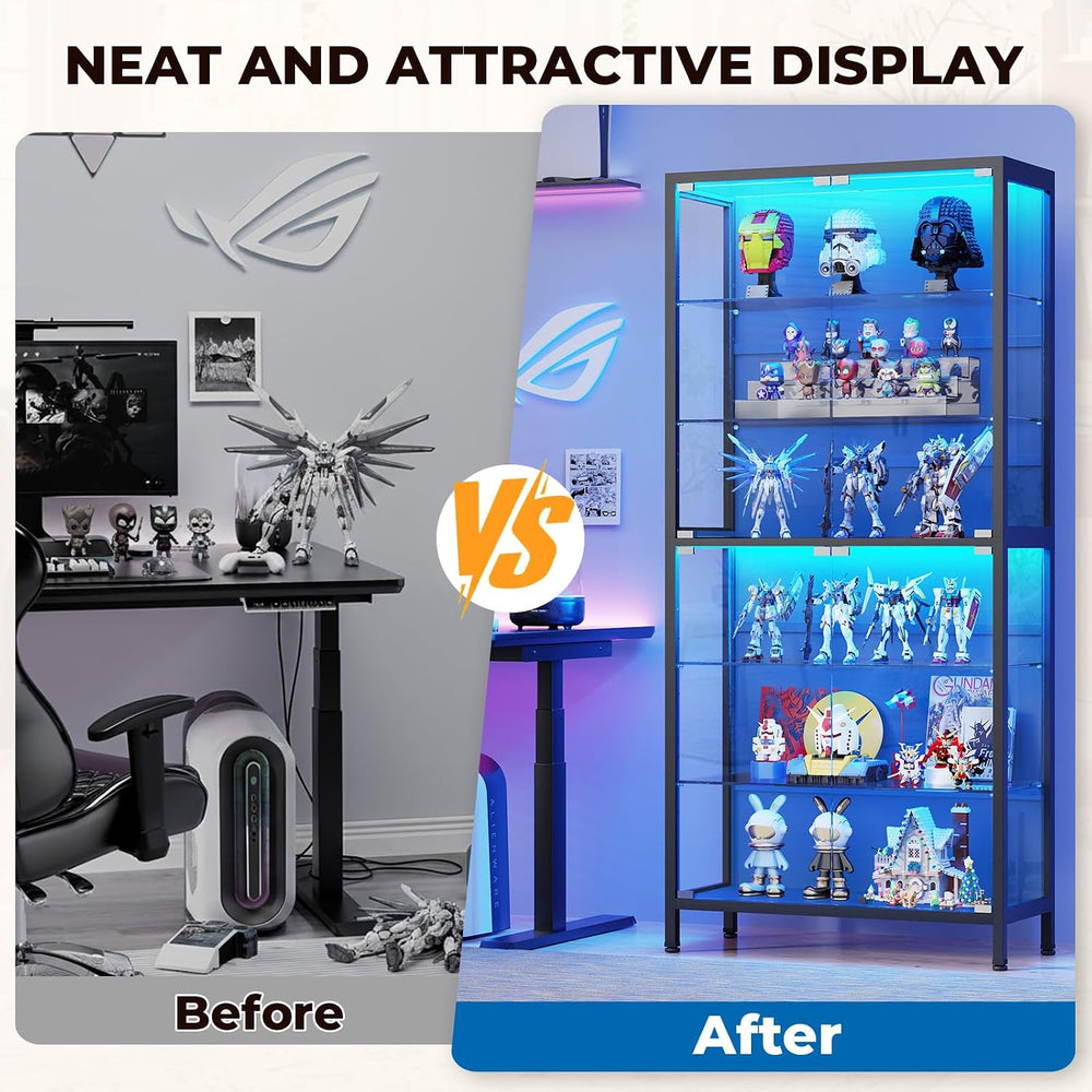 71.2" 6-Tier Display Cabinet with Glass Doors for Collectibles, Black