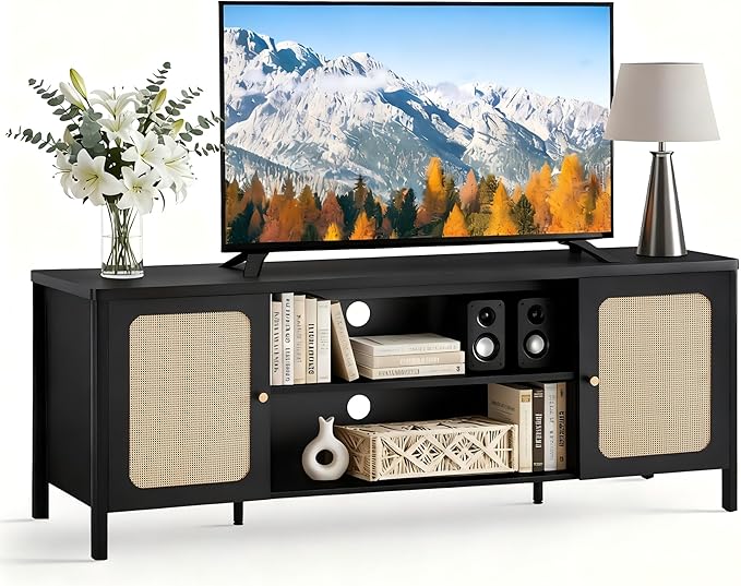 Rattan TV Stand for TVs up to 75'' Boho Entertainment Center with Adjustable Shelf Television Stand with 2 Storage Cabinets Media Console Wooden TV Cabinet for Living Room Bedroom,Black