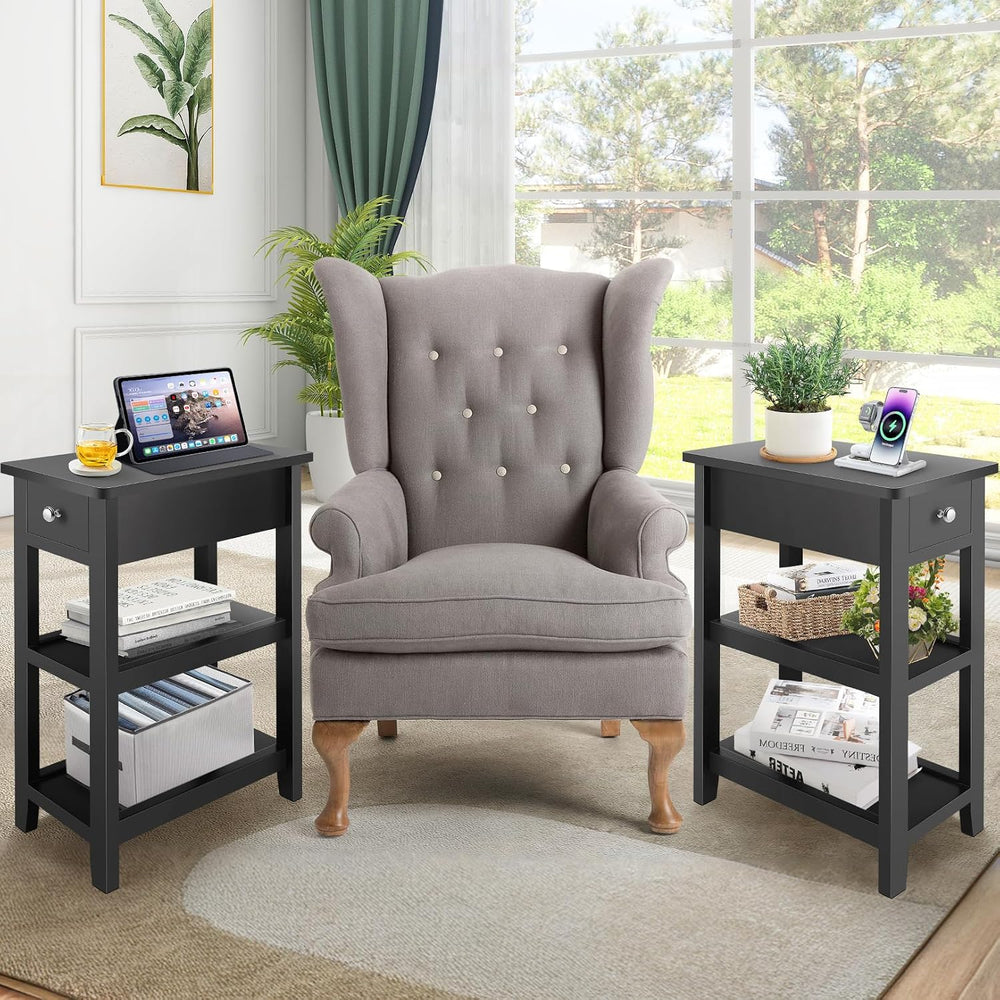 End Tables Living Room Set of 2, 3-Tier Narrow Sofa Side Table with Drawer an...