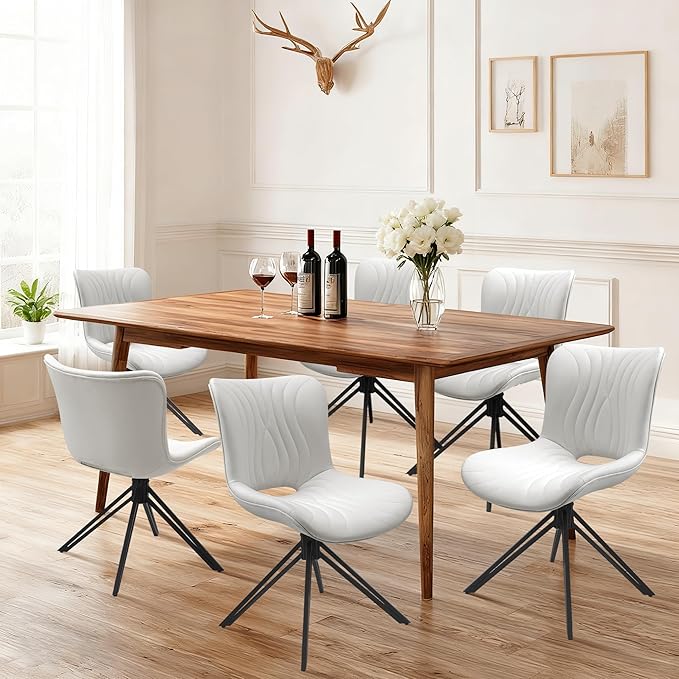 Dining Chairs Set of 6, 360° Swivel Armless Faux Leather Accent Chairs with Padded Back and Metal Legs, Mid-Century Modern Kitchen, Dining Room, Living Room, Bedroom White