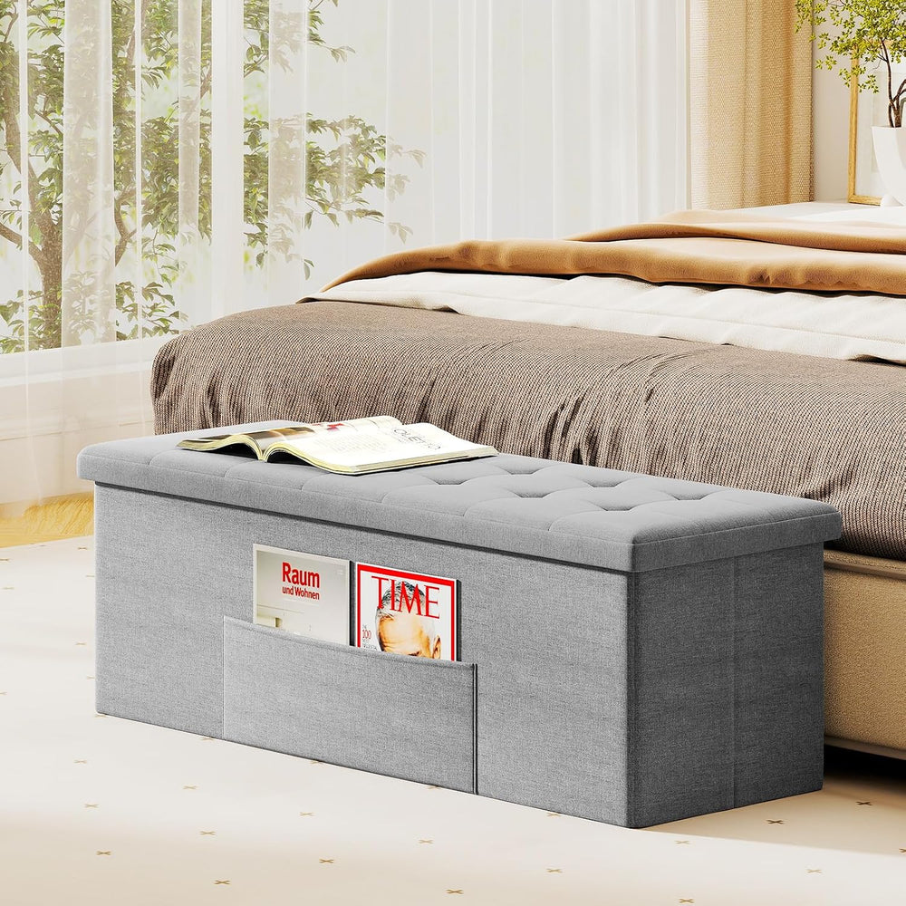 GOFLAME 43 Inches Folding Storage Ottoman Bench, Linen Fabric End of Bed Benc...