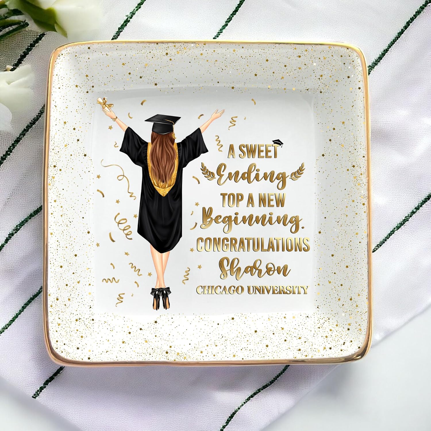 Personalized Jewelry Dish, A Sweet Ending to a New Beginning, Graduation Gift for Her 2026, Custom Keepsake for Best Friend, Daughter, or Graduate
