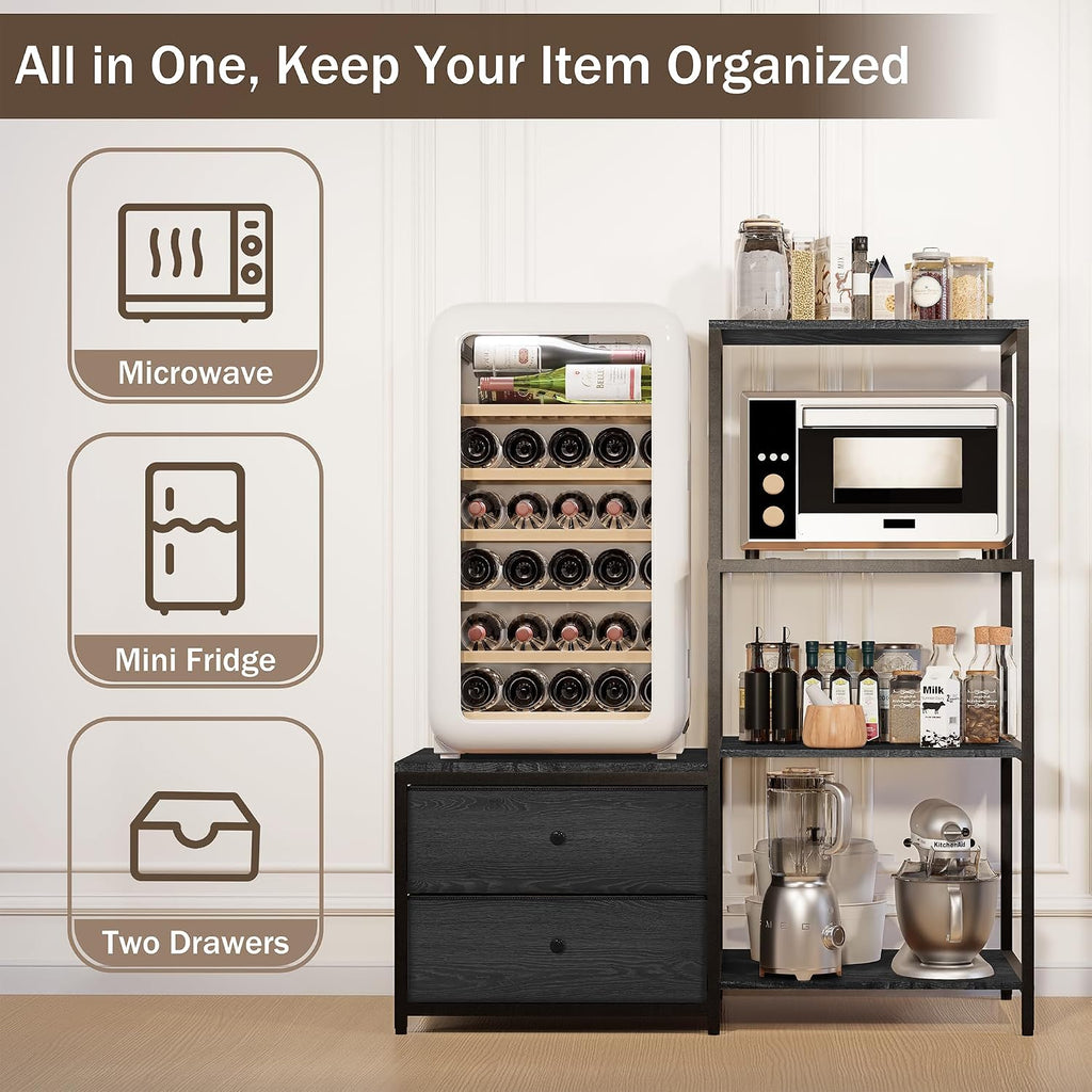 Mini Fridge Stand with Storage, Microwave and mini Fridge Stand with Power Outlet, Coffee Bar,Kitchen Baker,for Dorm,Office(Black)