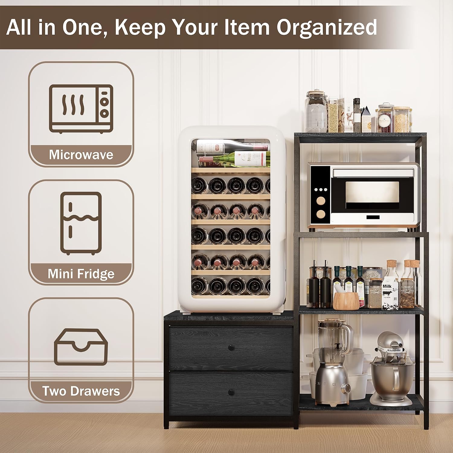 Mini Fridge Stand with Storage, Microwave and mini Fridge Stand with Power Outlet, Coffee Bar,Kitchen Baker,for Dorm,Office(Black)