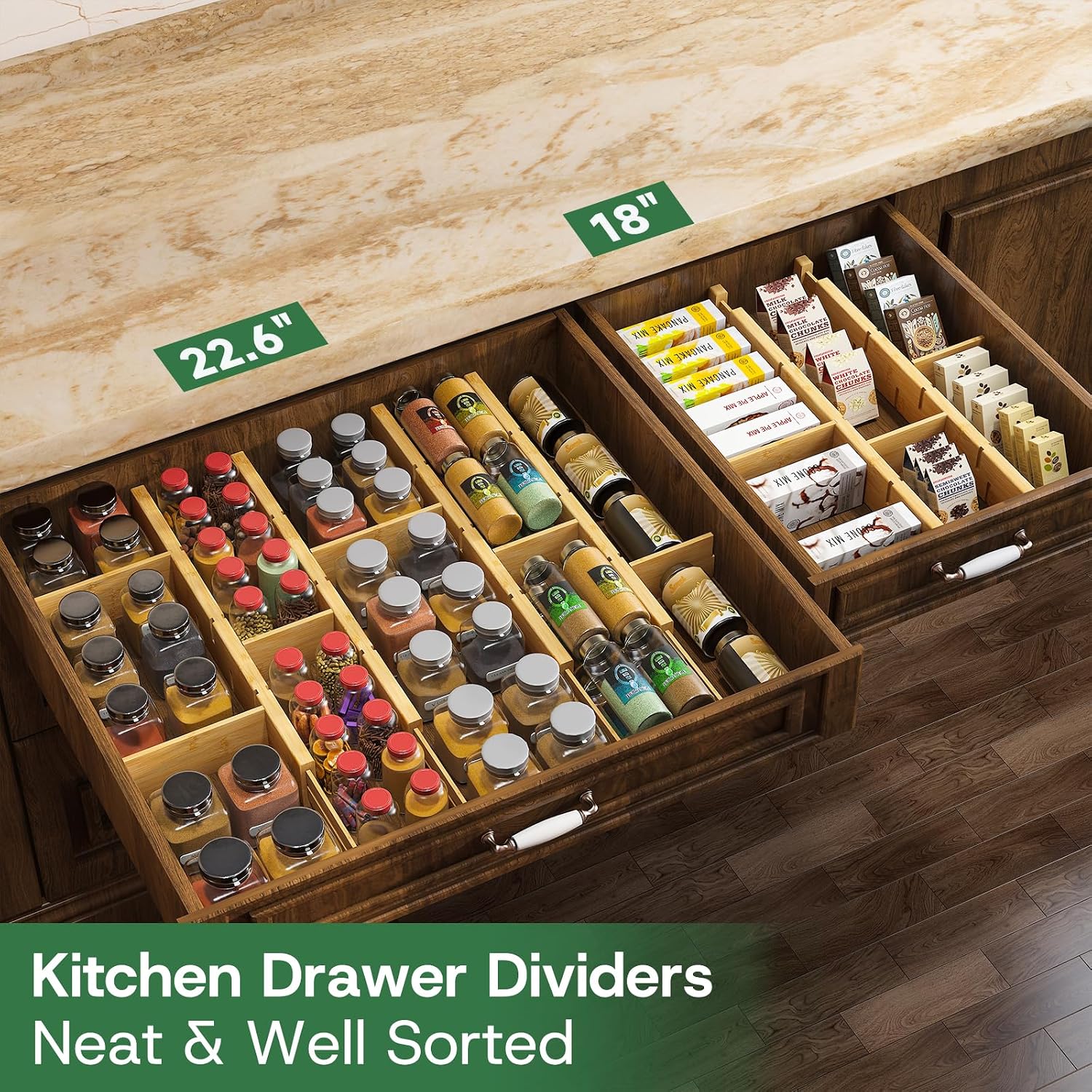 kiplant Bamboo Drawer Dividers - Adjustable Drawer Dividers for Kitchen, Clothes, Closet & Office - 6 Pack with Inserts, 18-22.6 Inches, Non-Slip Silicone Ends