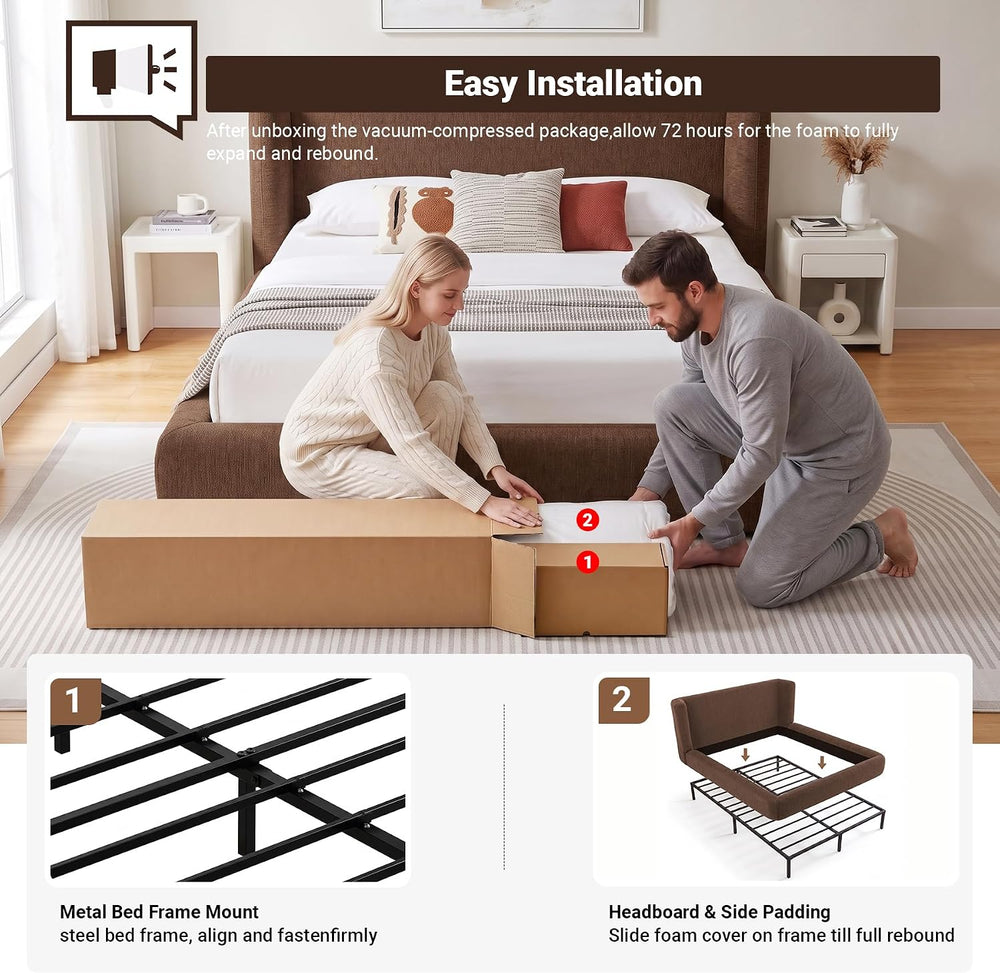 King Upholstered Bed Frame w/ Wingback Headboard, Cloud Platform Bedframe