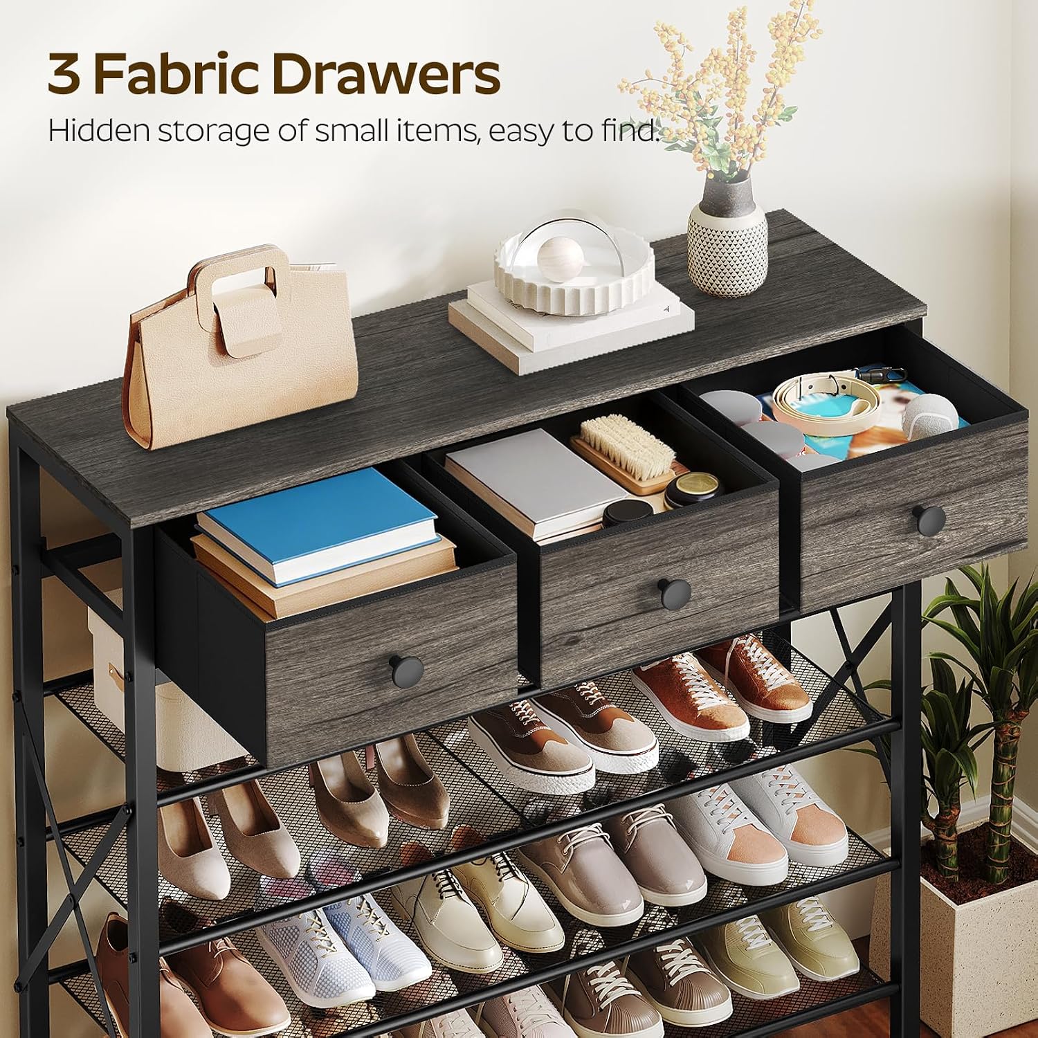 5-Tier Shoe Rack with 3 Drawers, Metal Shoe Organizer for 20 Pairs with Storage Shelves and Wooden Top, for Entryway, Hallway, Foyer, Closet, Charcoal and Black SS35BC