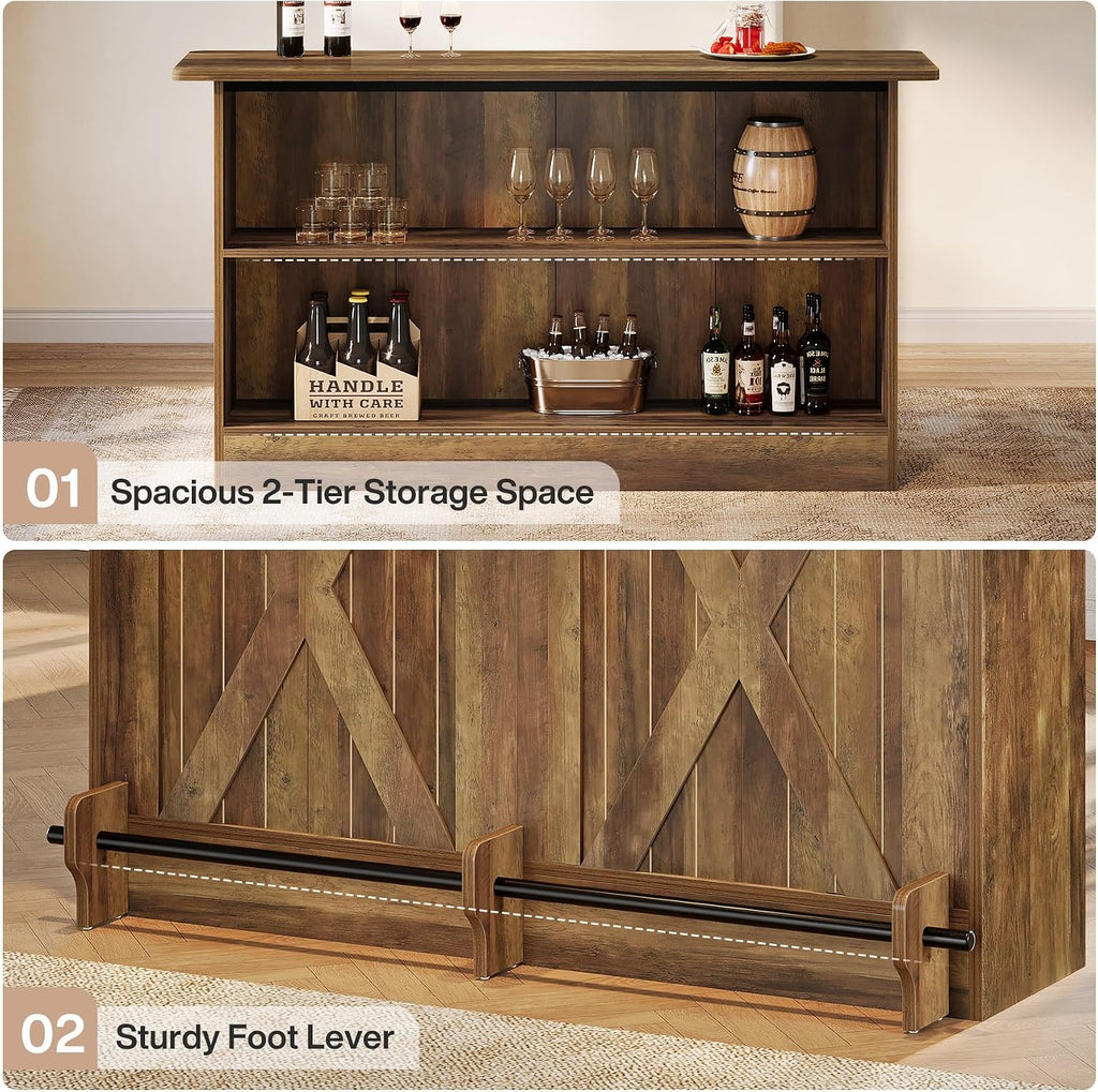 Tribesigns 63'' Bar Table, 2-Tier Bar Cabinet Pub Table with Footrest | Modern Coffee Cabinet for Home Kitchen, Bar Height Table for Bistro, Dining Room, Living Room (1, Brown)