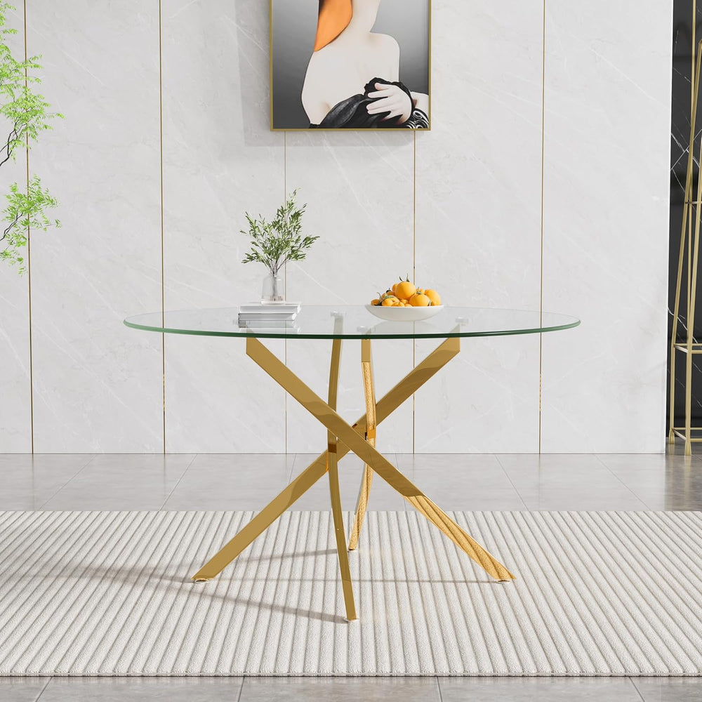 47" Round Glass Dining Table for 4-6, Circle Kitchen Table with Tempered...