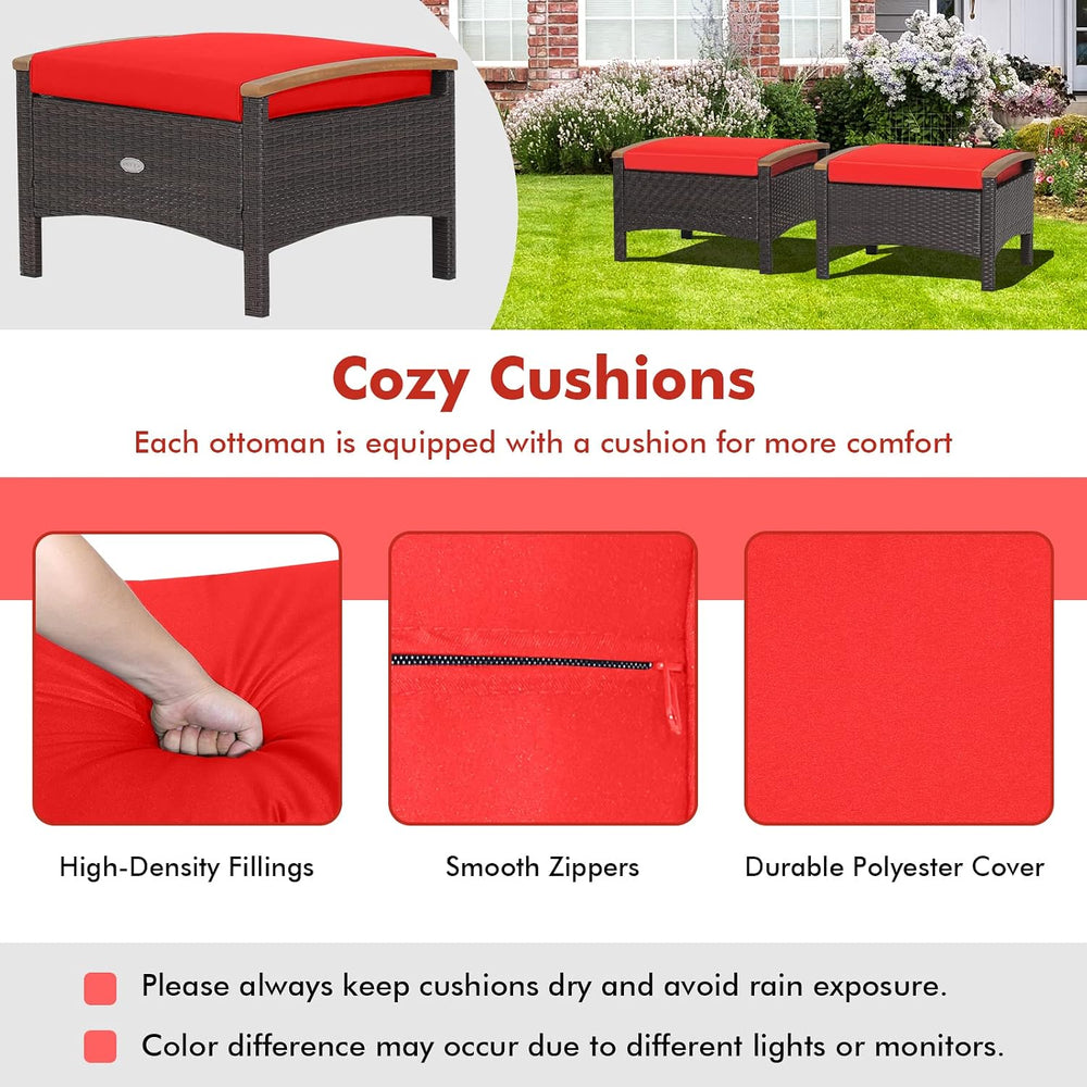 Tangkula 2 Piece Patio Rattan Ottomans, Outdoor Wicker Footstool w/Acacia Woo...