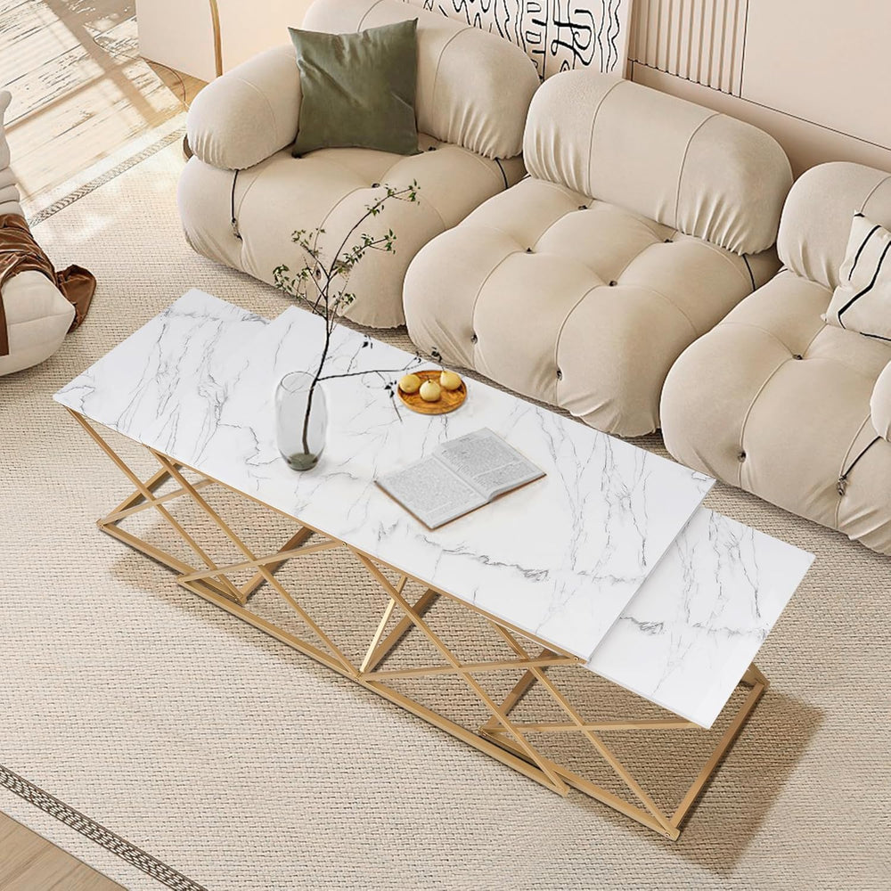 Modern Nesting Coffee Table Set of 3, Faux Marble Top with Golden Frame | Cof...