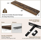 RICHFOCUS 55Inch Floating Shelves for Wall 1 Pack Shelves for Bedroom|Kitchen|Bathroom Wall Mounted Rustic Wood Floating Shelf with Invisible Brackets for Books|Storage|Decor, Rustic Brown