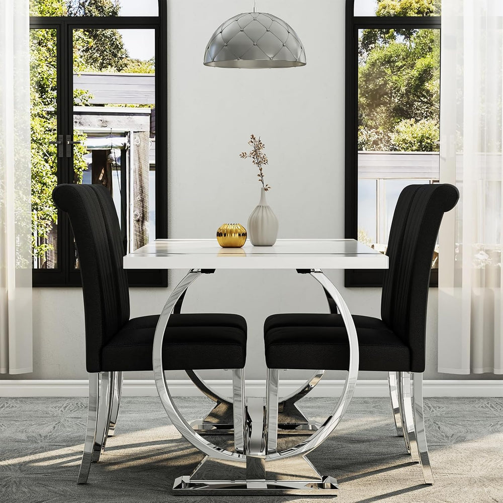 Asday Black and Silver Dining Chairs Set of 2, Modern Faux Leather Upholstere...