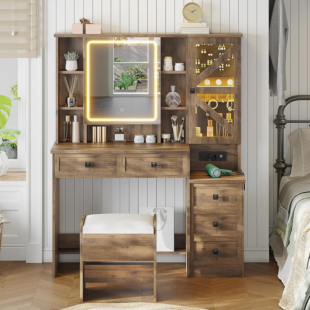 AOGLLATI Farmhouse Vanity Desk with Mirror and Lights, Makeup Vanity Set with...