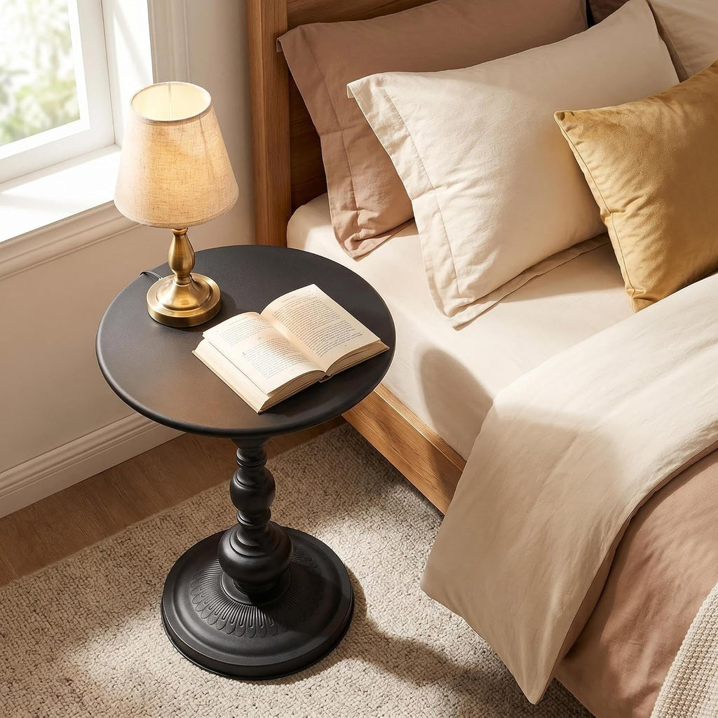 End Table, Set of 2, Pedestal, Metal, Black, for Living Room & Small Spaces | Vintage Black Metal Accent End Tables for Living Room, Small Round Drink Tables for Sofa Bedside Corner Small Spaces