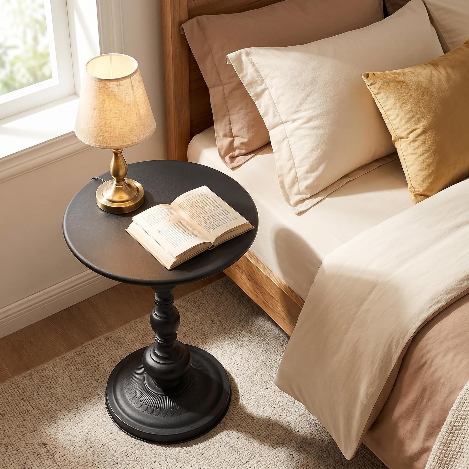 End Table, Set of 2, Pedestal, Metal, Black, for Living Room & Small Spaces | Vintage Black Metal Accent End Tables for Living Room, Small Round Drink Tables for Sofa Bedside Corner Small Spaces