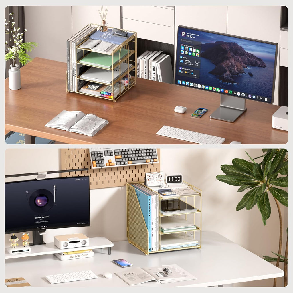Gold Desk Organizer, 4-Tier Metal Paper Organizer for Desk with Vertical File Holder, Office Accessories and Desktop Storage for Office Supplies (Gold)