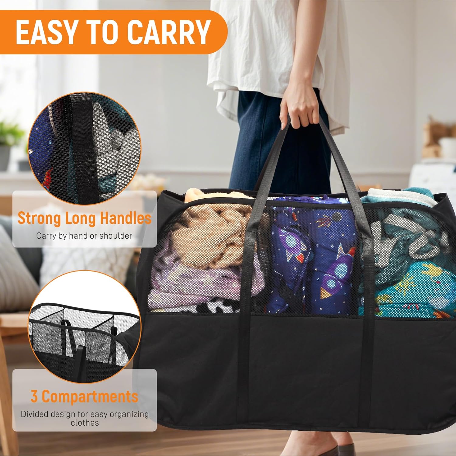 Collapsible Laundry Baskets with 3 Compartment, 150L Tear-proof Pop Up Hamper, Foldable Laundry Basket with Tote Handles, Dirty Clothes Hamper for Laundry, Bedroom, Bathroom, Dorm Black