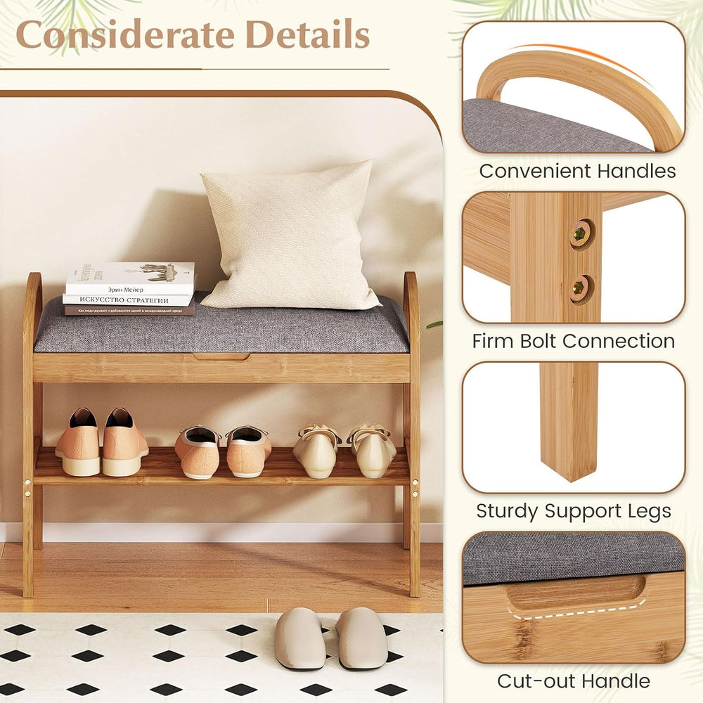 Giantex Shoe Bench with Flip-Top Storage, Bamboo 2-Tier Entryway Bench with P...
