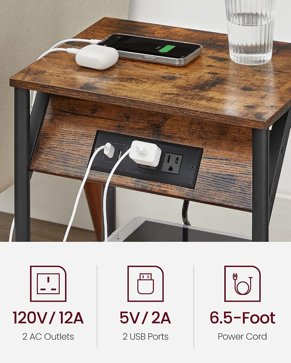 VASAGLE End Table with Charging Station, Set of 2, Small Side Tables
