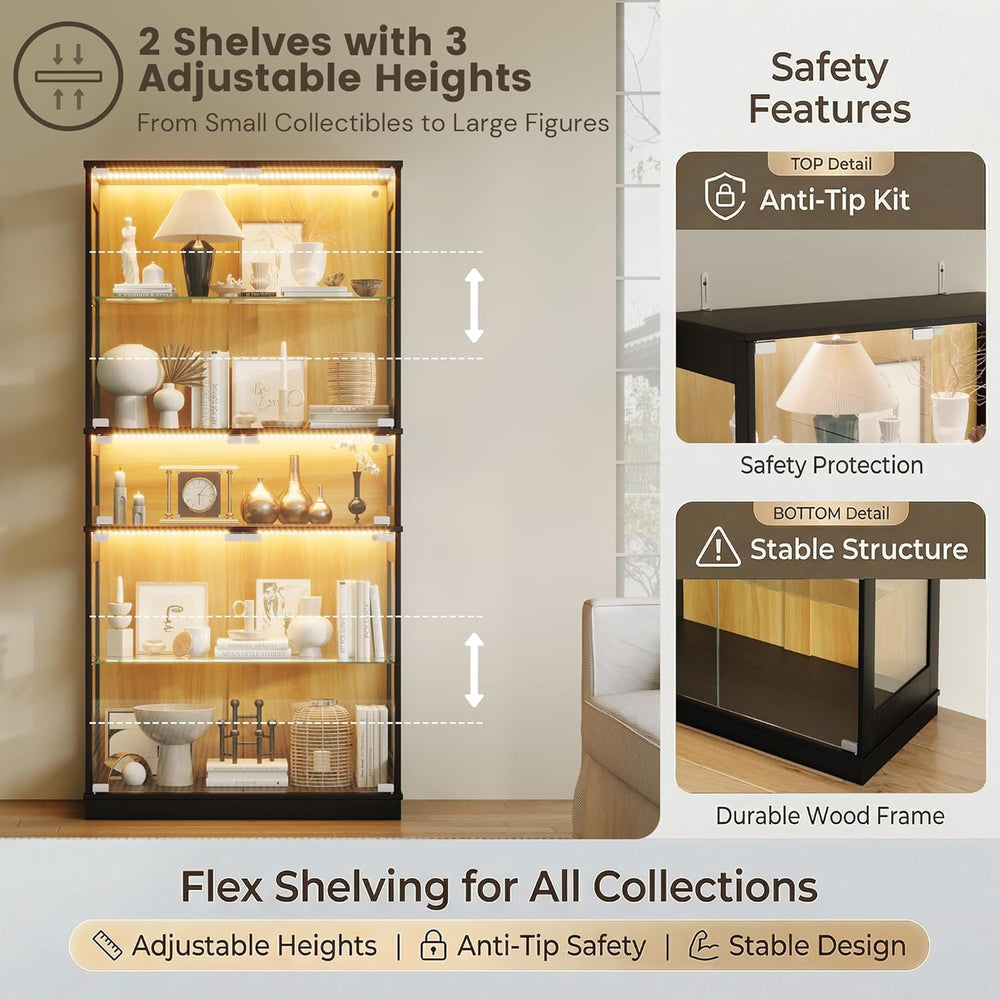 Display Cabinet with Glass Doors & LED Lights, 5 Tier Lighted Display Cas...