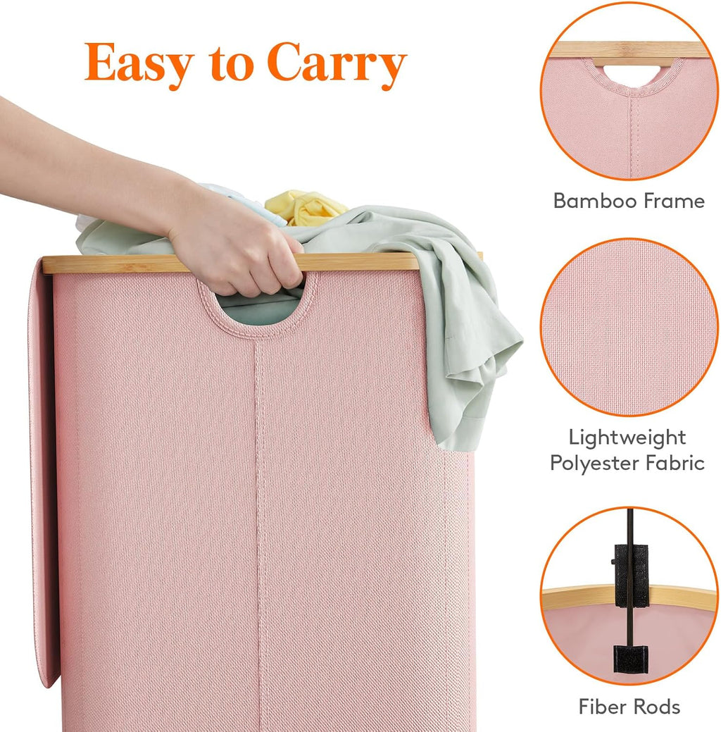 Lifewit 150L Laundry Basket with Lid, Clothes Hampers for Laundry with Bamboo Handles and 2 Removable Bags, Large Foldable Laundry Hamper for Bedroom, Bathroom, Dorm, Pink