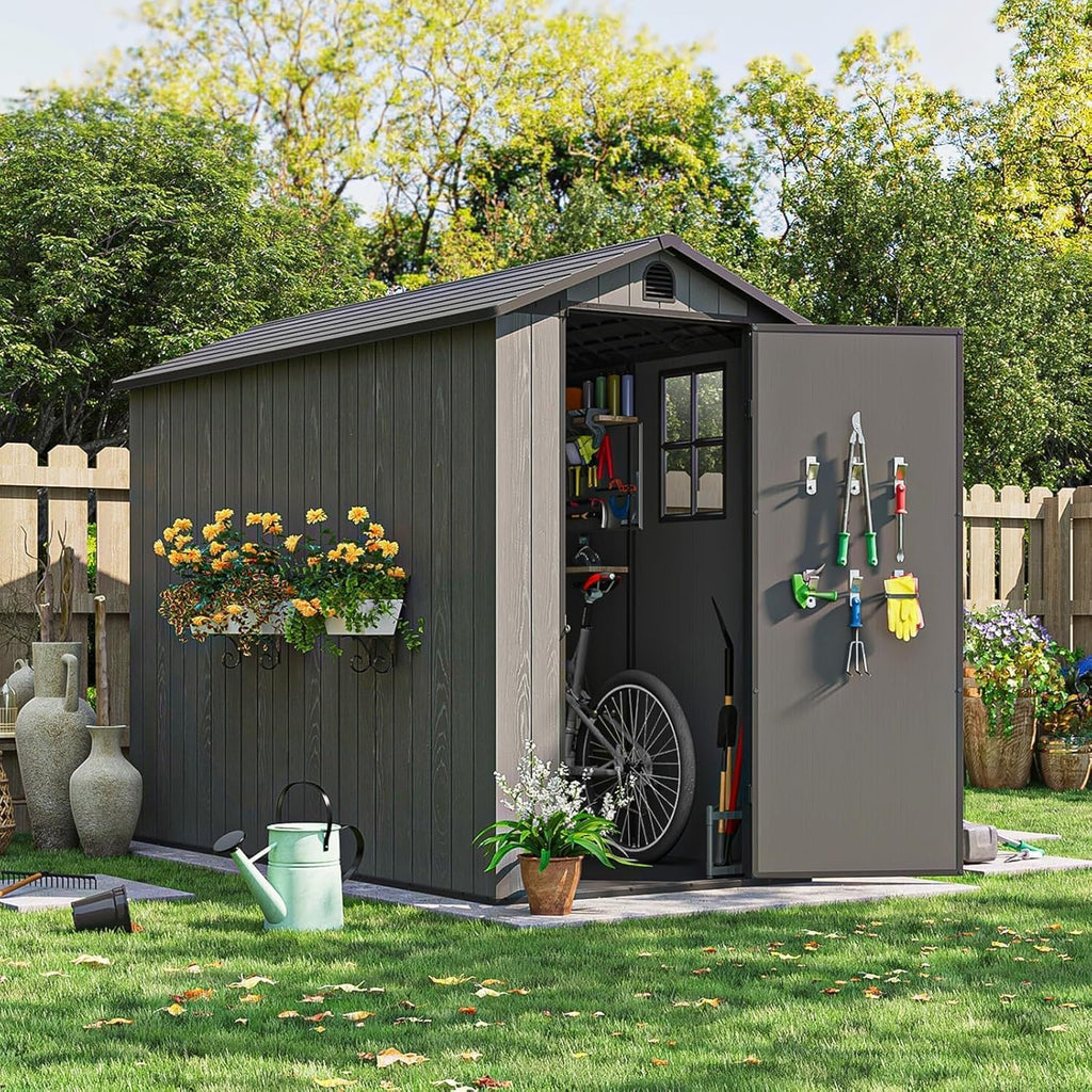 Patiowell 4x8 FT Outdoor Storage Shed with Floor & Windows, Lockable Resin Tool Shed for Garden, Backyard, Patio, and Lawn Equipment - Easy Assembly, All-Weather Protection, Gray (Fit-it Shed)