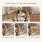 JUFU 42 Inch Round Glass Dining Table for 4, Modern Kitchen Table with Wood Pedestal Base, Small Dining Room Table for Apartment, Breakfast Nook, Living Room, Table Only