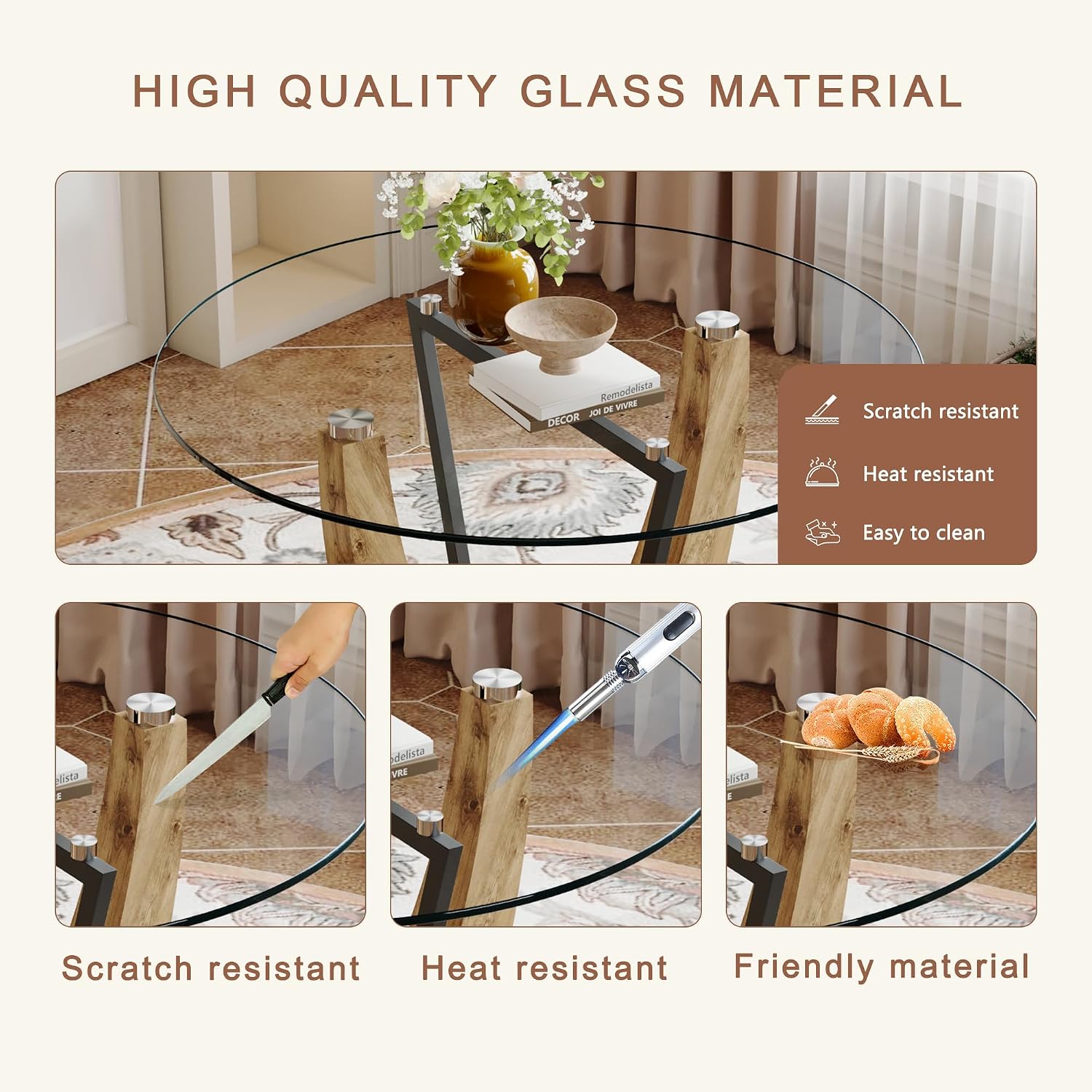 JUFU 42 Inch Round Glass Dining Table for 4, Modern Kitchen Table with Wood Pedestal Base, Small Dining Room Table for Apartment, Breakfast Nook, Living Room, Table Only