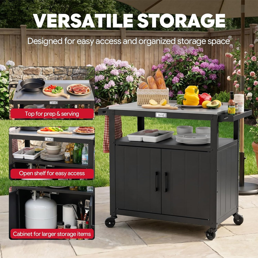 Feasto Outdoor Grill Cart w/Storage Cabinet, Stainless Steel Top, Black