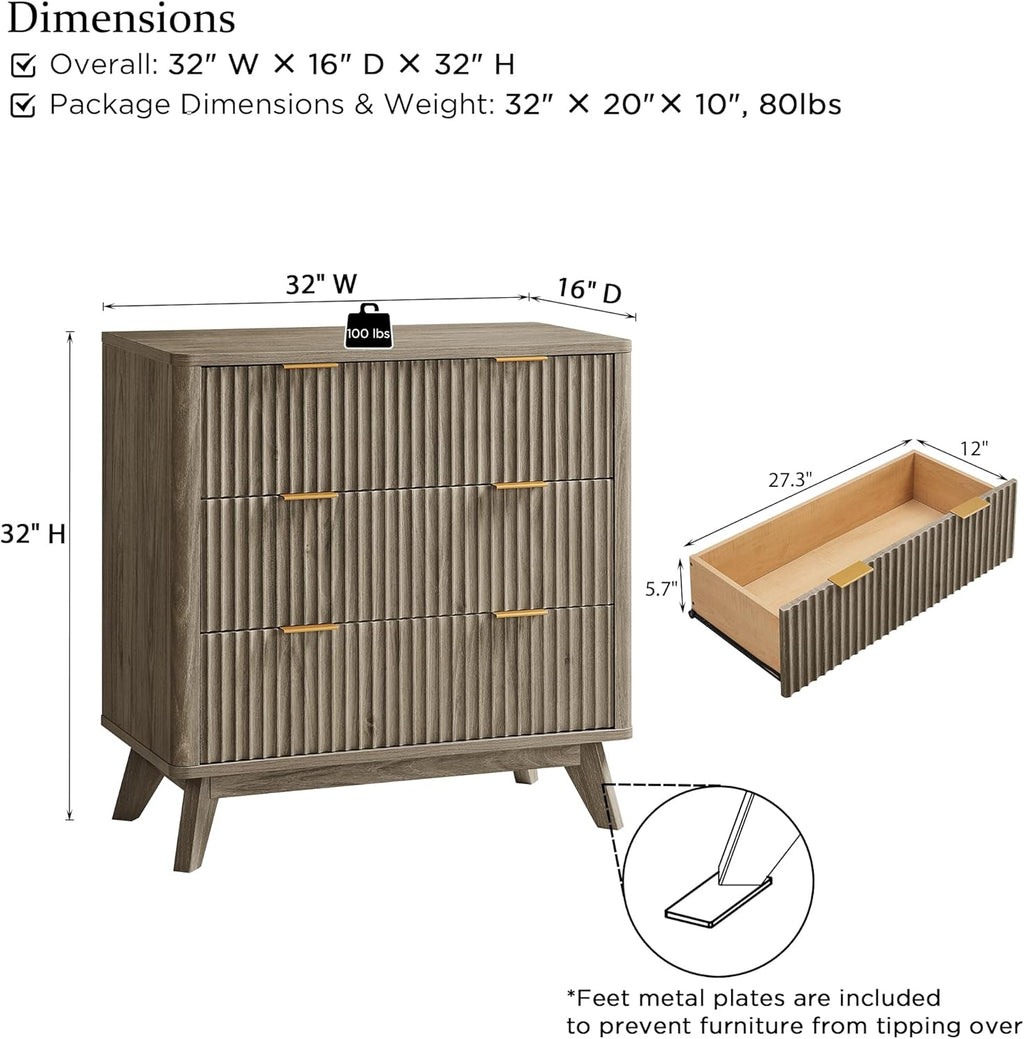 T4TREAM Fluted 3 Drawers Nightstand, Oversized Extra Large Modern Side Table, End Table Bedside for Bedroom, Living Room, Curved Profile Design, Grey Alder