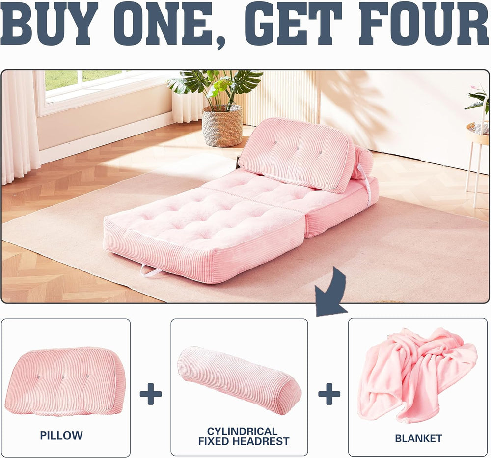 Folding Sofa Bed, Flannel Futon Couch Bed with Pillow and Blanket, Convertibl...