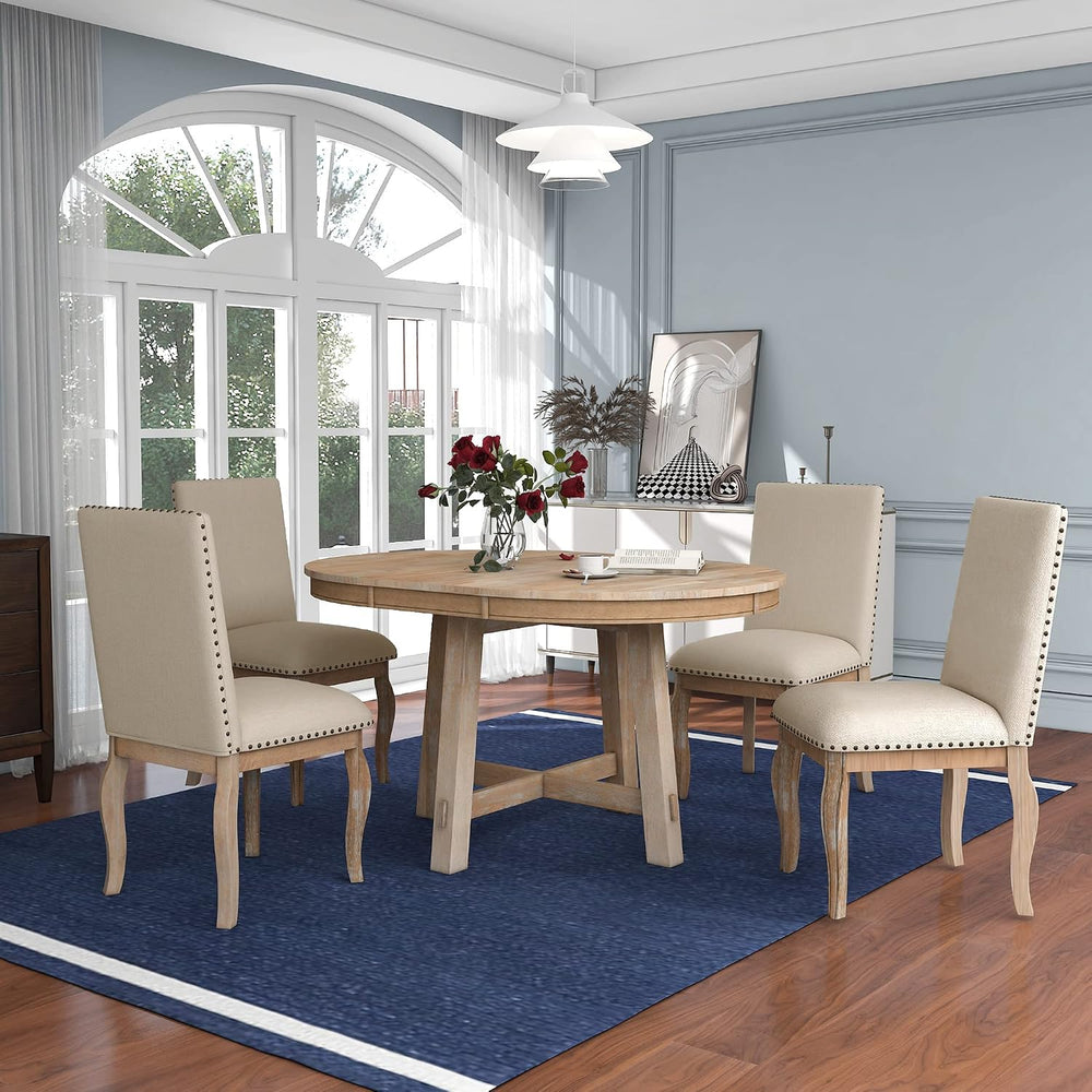 Merax Farmhouse Dining Table Set - 5-Piece Wood Round Extendable Table and 4 ...