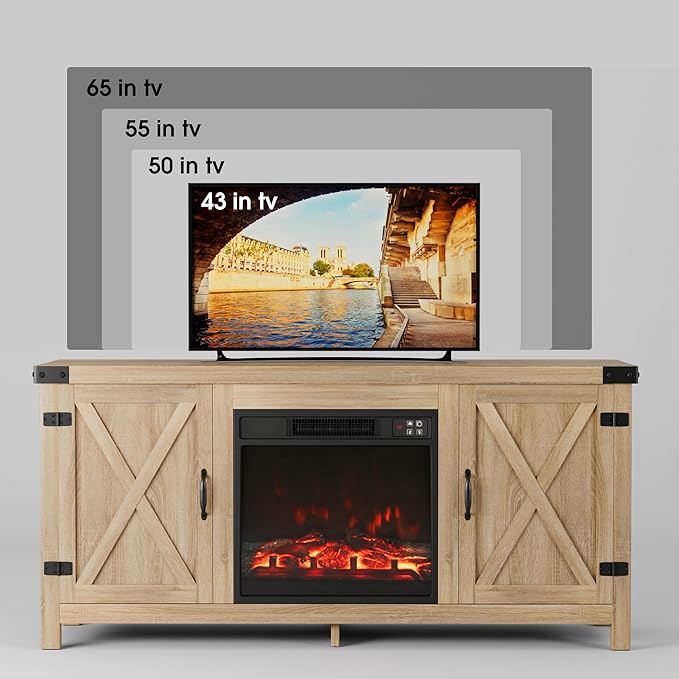 JUMMICO Fireplace TV Stand, Farmhouse Entertainment Center with Fireplace and Shelves, Double Barn Doors Storage Cabinets for TVs to 65+ Inch for Living Room (Pale Yellow)