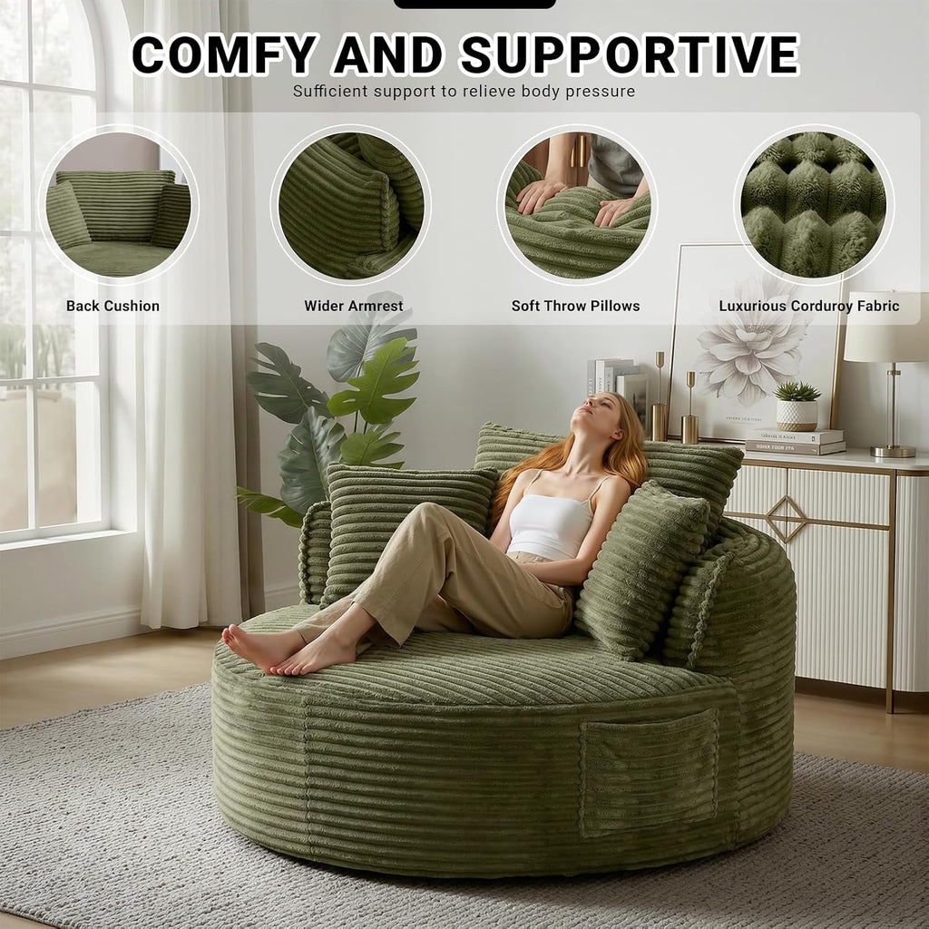 ivoros Oversized Round Lounge Chair Indoor, Corduroy Upholstered Deep Seat Cloud Circle Sofa Chair, Fluffy Boneless Sleeper Chair for Reading & Lounging, No Assembly Required (Green)