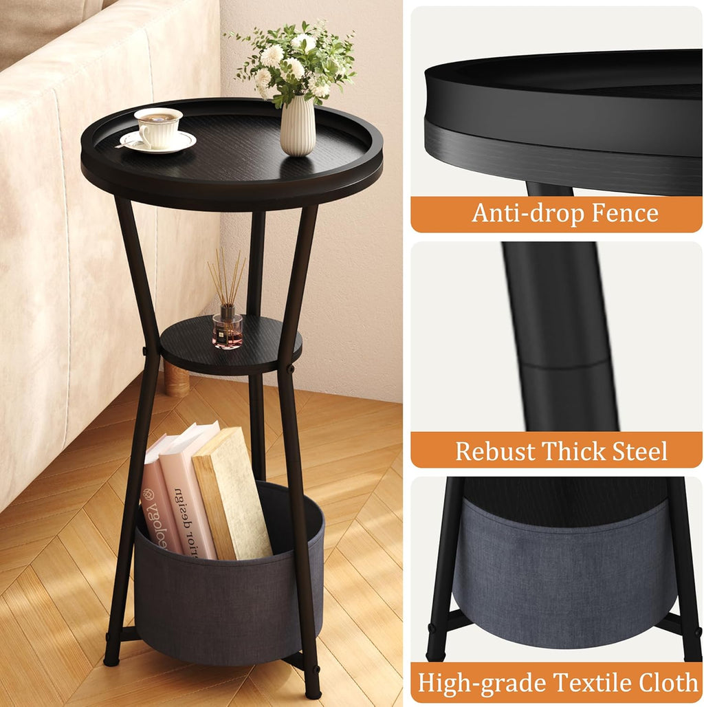 Yusong Round Side Table, Small Drink Table for Small Spaces, 3-Tier Industrial End Table, Accent Nightstand Bedside Table for Living Room, Bedroom, Sofa Couch, Black