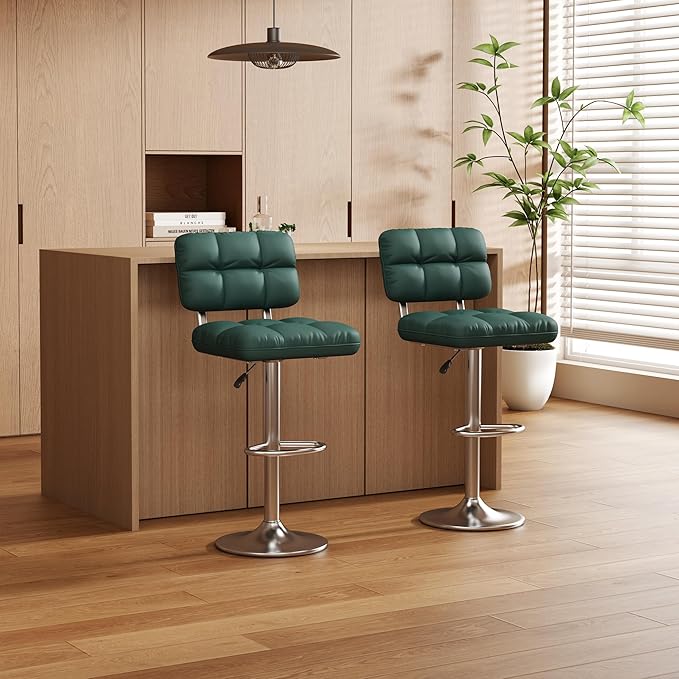 Bar Stools Set of 4 Upholstered Adjustable Counter Height Swivel Bar Stools Island Chairs with Back for Bar Kitchen Dining Room, Green