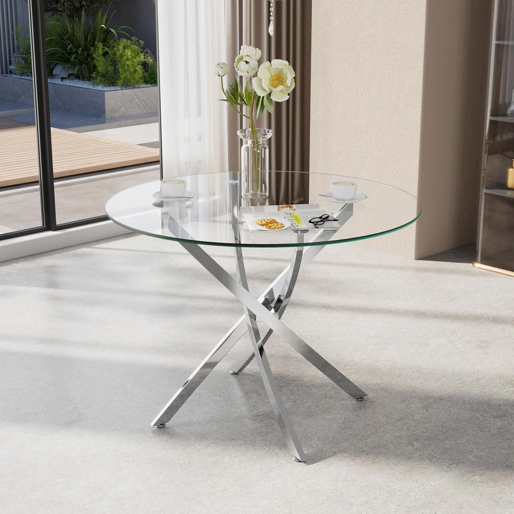 36-Inch Round Tempered Glass Dining Table for 2-4 Person Space-Saving Small K...