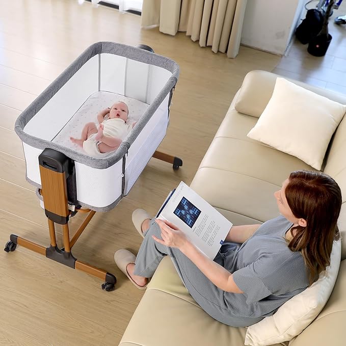 Ezebaby 3-in-1 Baby Bassinet, Rocking Baby Bassinets Bedside Sleeper, Adjustable Portable Crib for Newborn Infant with Wheels Storage Basket and Mesh Sides