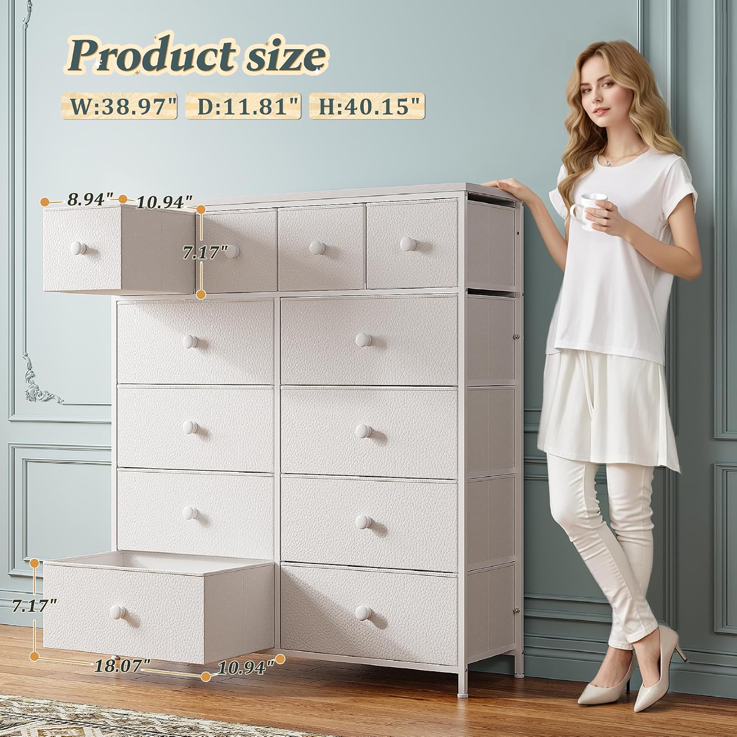 Bepatio Dresser for Bedroom with 12 Drawers, Fabric Dressers & Chest of Drawers with Sturdy Metal Frame, Wood Top, for Woman, 38.9" W x 11.8" D x 40.1" H (White)