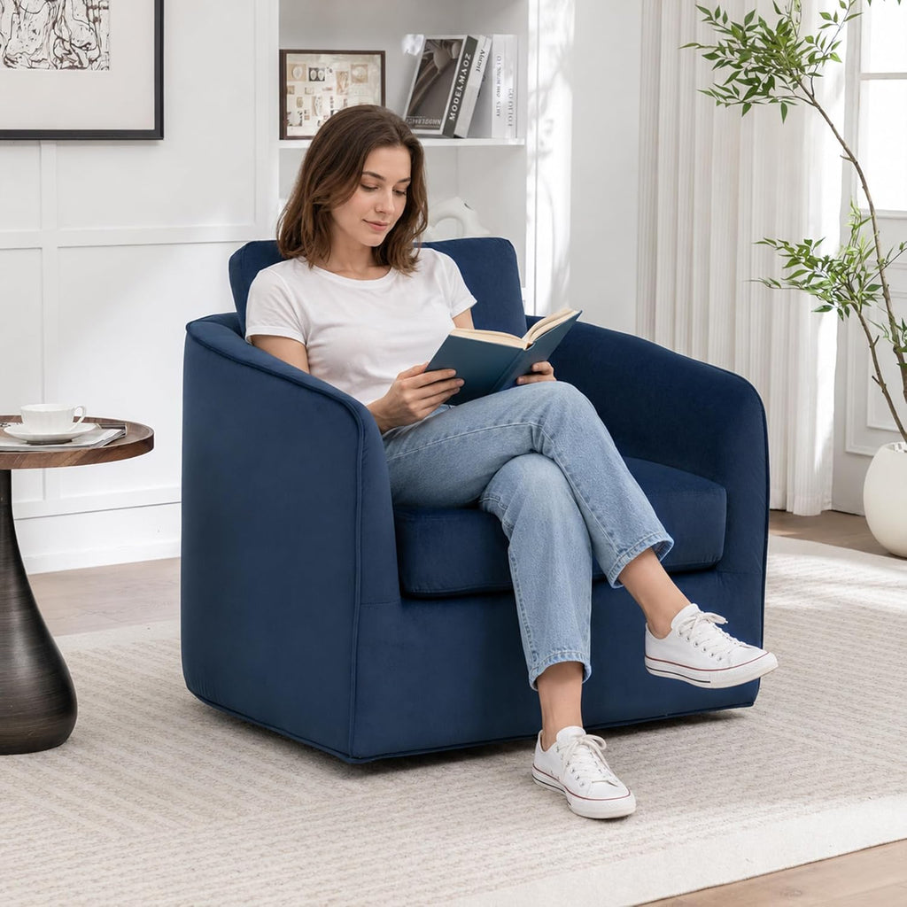 MINCETA Swivel Accent Chairs, Oversized Swivel Barrel Chair with High Density Foam, Velvet Fabric Reading Chairs, Upholstered Armchair for Living Room, Bedroom, No Assembly, Blue