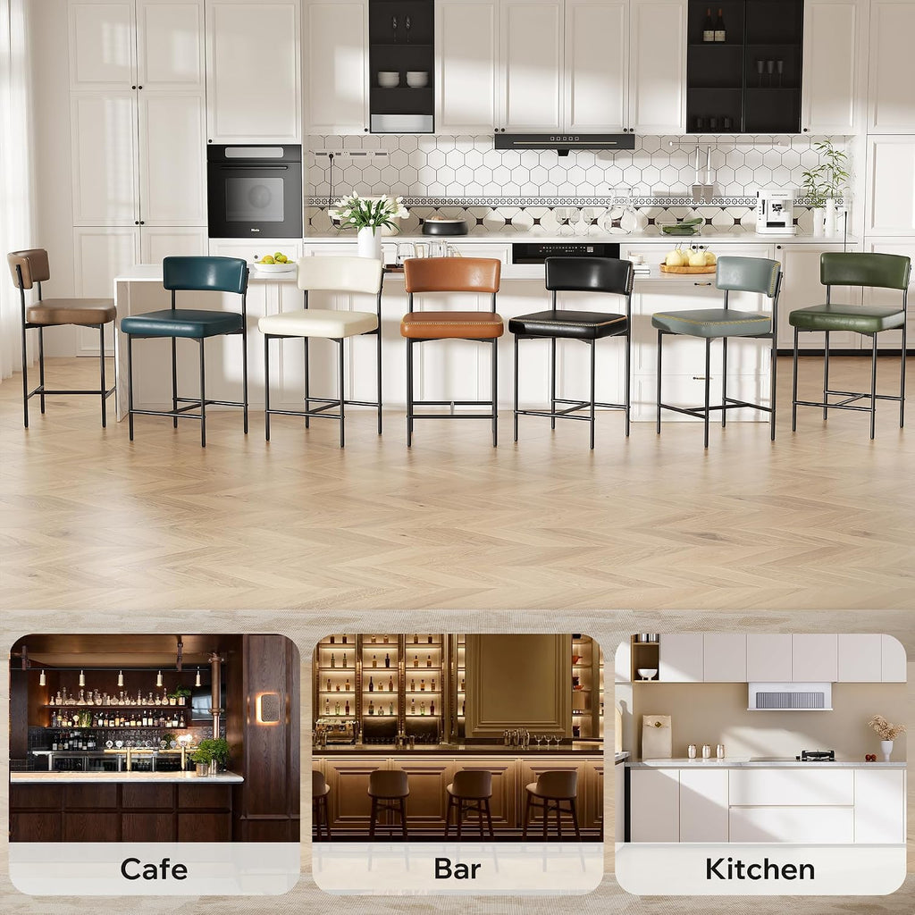 Bar Stools Set of 4, Faux Leather Counter Height Barstools with Curved Back, 25 Inch Upholstered Bar Chairs, Modern Counter Stools for Kitchen lsland, Caramel