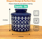 Butter Crock with Lid for Countertop, Butter Keeper Crock with Water, French Butter Dish Ceramic, Butter Holder with Lid for Spreadable Butter, Butter Container for Counter (Blue Fleur, Navy)