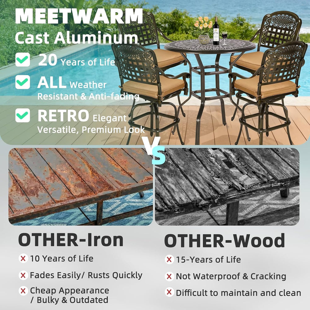 MEETWARM 5-Piece Patio Swivel Bar Set, All-Weather Cast Aluminum Outdoor High...