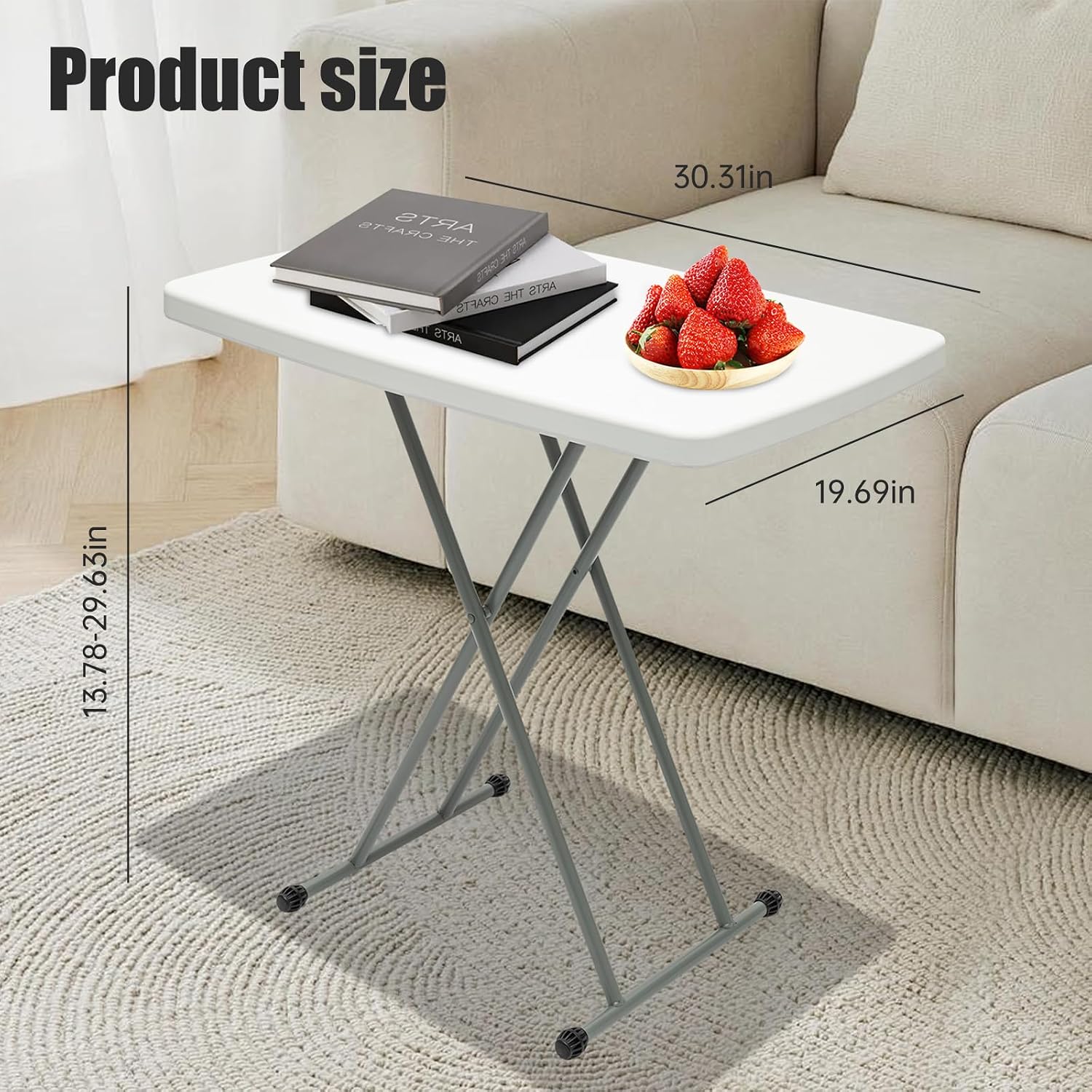 Adjustable Folding Table – 30" x 20" Foldable Desk with 5 Height Settings (18", 25", 29"), Lightweight Small Table for Camping, Outdoor, Indoor, Bedside Use, Portable White Granite Table